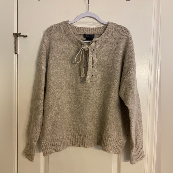 ZARA women’s Knit Wool/Acrylic Boxy Tie Front Pullover Sweater Size L Cream - Picture 1 of 5